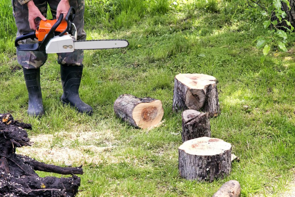 a man with machine cutting stump